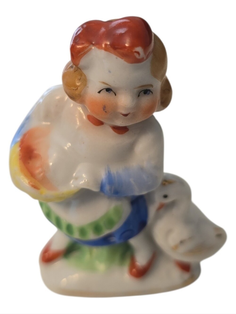 Small Vintage Porcelain Ceramic Girl with Goose Figurine Occupied Japan READ